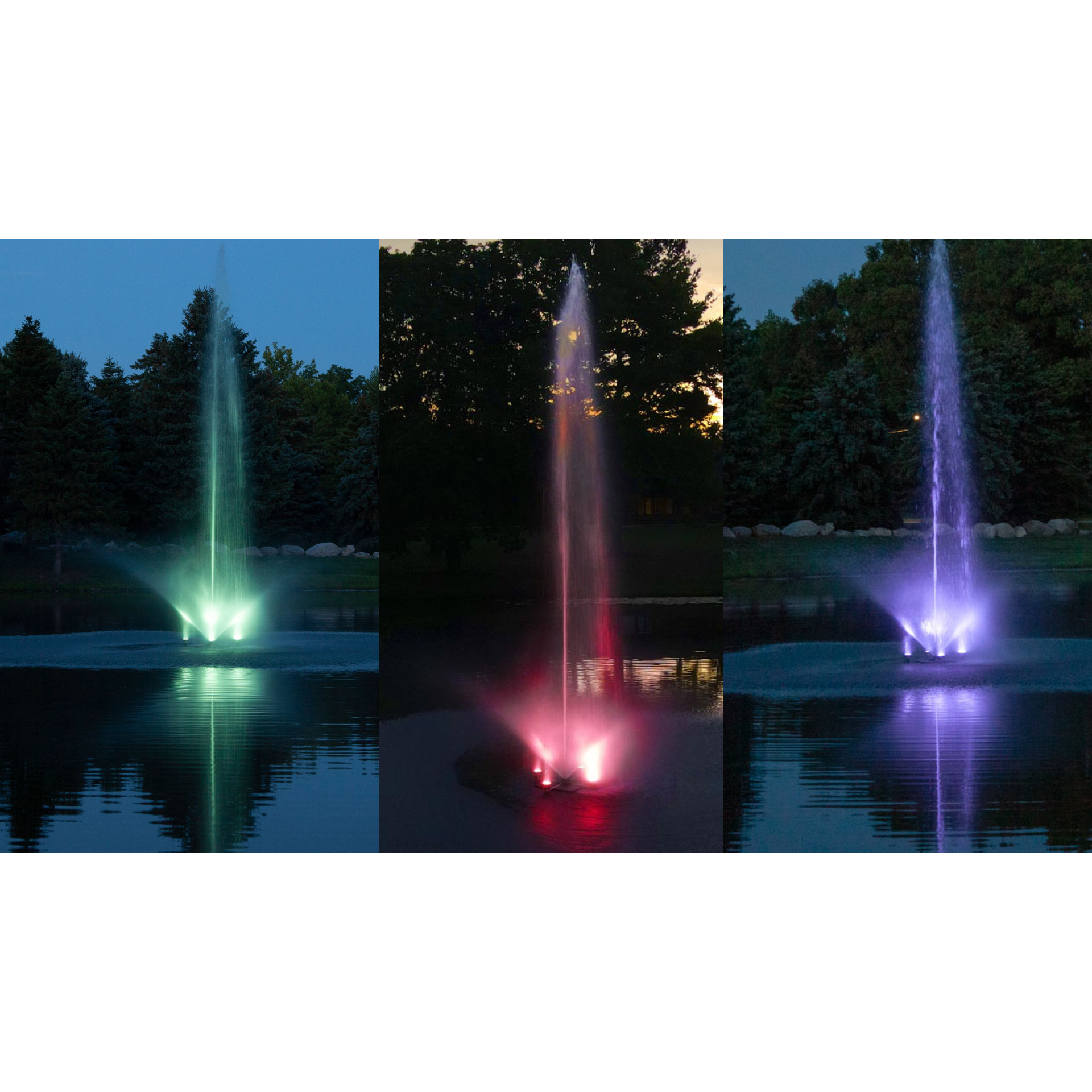 A set of Scott Aerator color changing fountain lights shown in various colors including green, red, blue, and purple, with the fountain reflecting in water.