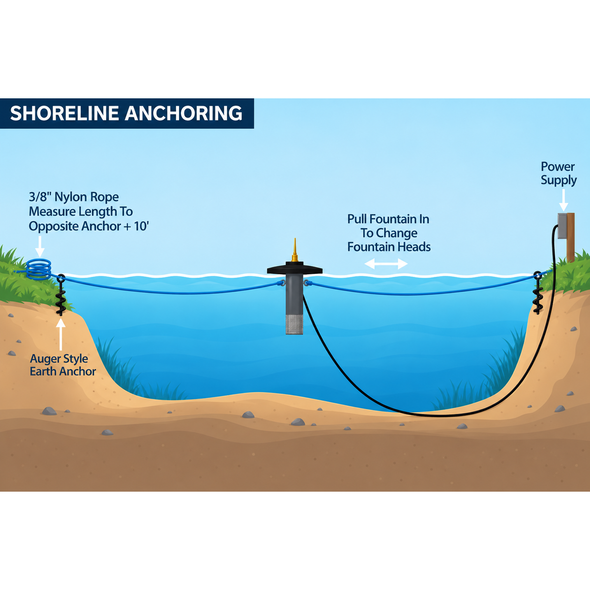Scott Aerator Fountain Shoreline Anchoring Diagram
