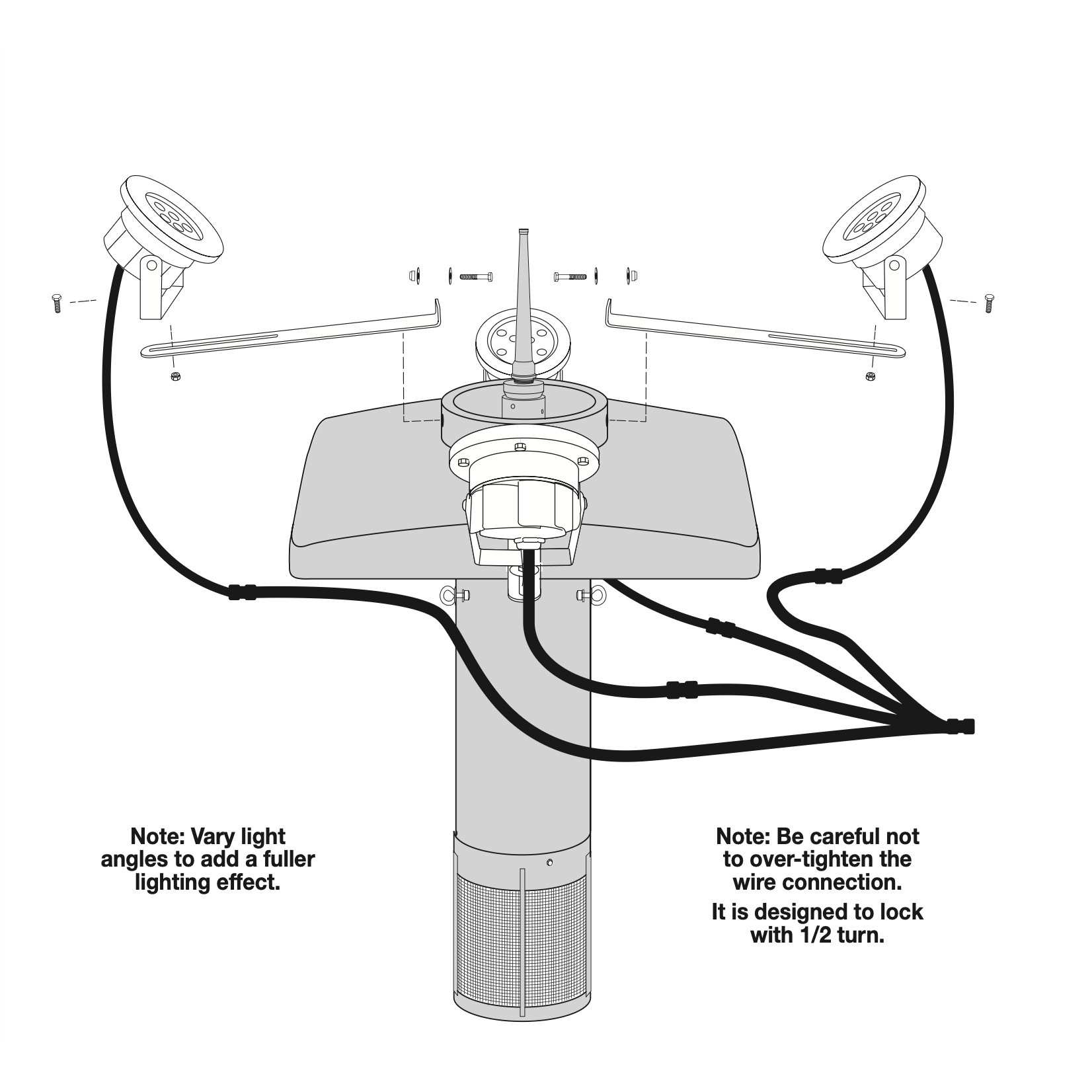 Diagram of Scott Aerator lighting fixtures with multiple lights and wiring on a white background.